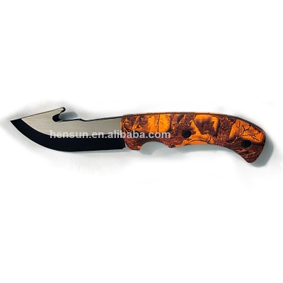 Cheap price Leaf pattern Stainless steel fixed blade survival hunting knife Plastic handle Orange Black